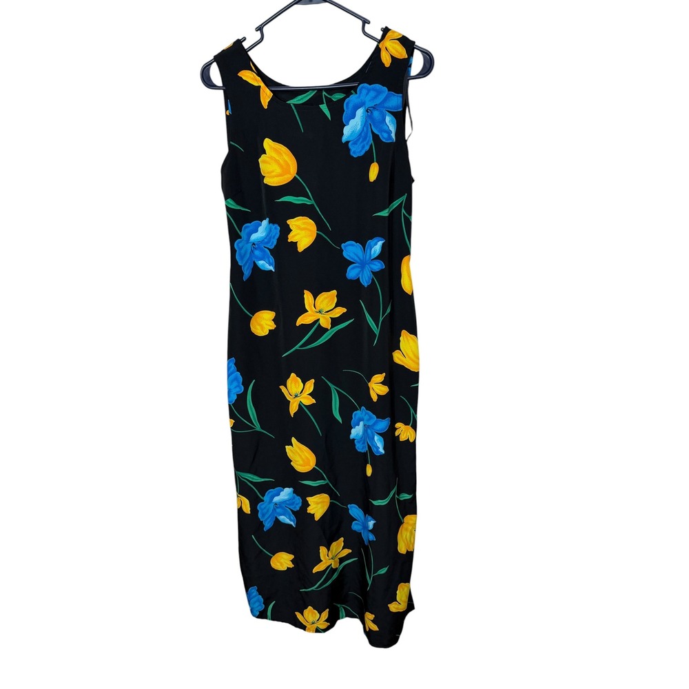 M.H.M. Melissa Harper Vintage Floral Tulip Midi‎ Dress Black Blue Yellow Size 6